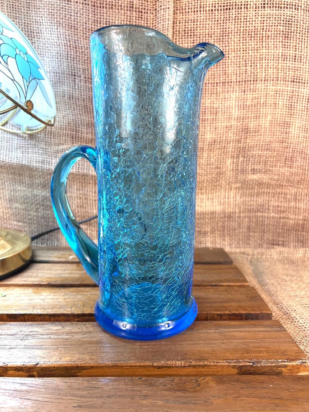 Vintage Blue Turquoise Colored Crackle Art Glass Pitcher/Vase -MCM